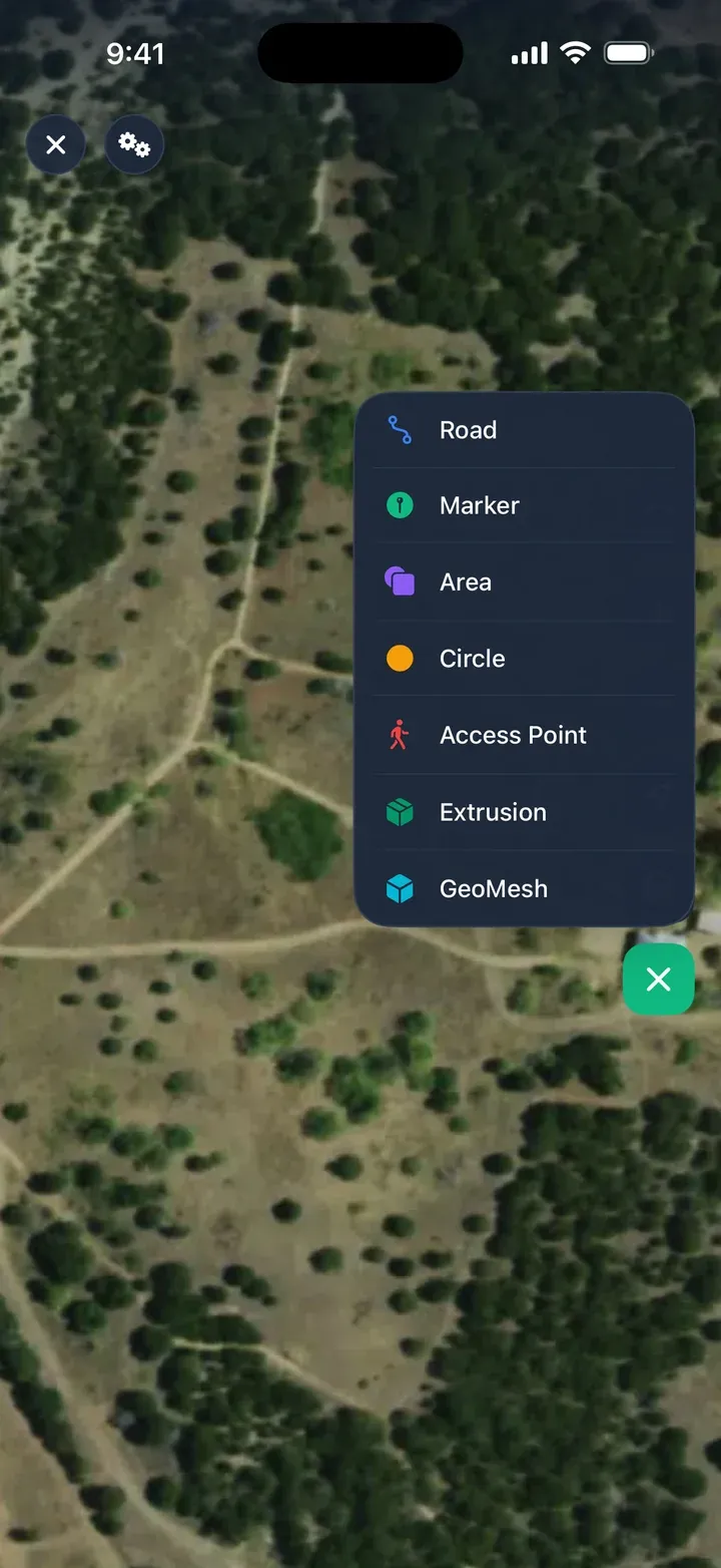 The add-feature menu open in the editor, with Area in the list.