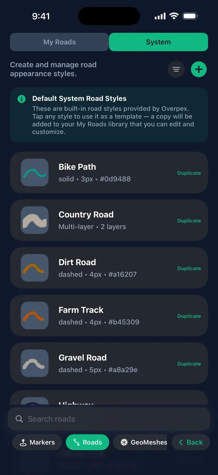The Roads screen with the System tab showing Overpex's built-in styles.