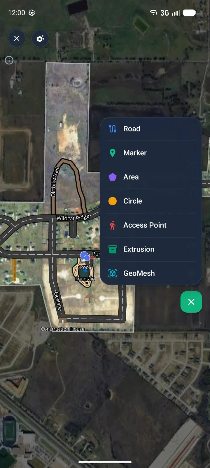 The add-feature menu listing Road, Marker, Area, Circle, Access Point, Extrusion and GeoMesh.