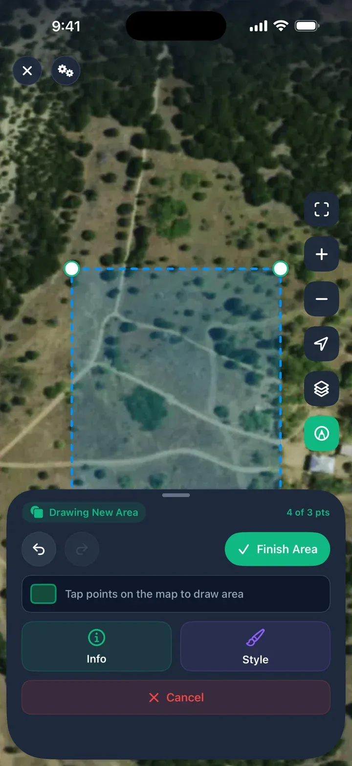 Four points placed on the map, with the Drawing New Area sheet below.