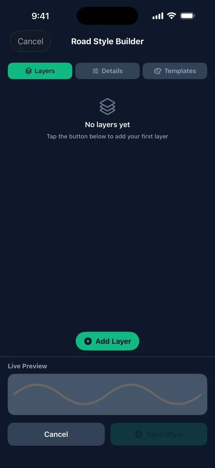 The Road Style Builder with no layers yet and the Add Layer button at the bottom.