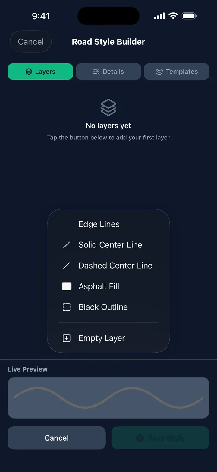 The Add Layer menu listing Empty Layer, Black Outline, Asphalt Fill, the centre line presets and Edge Lines.