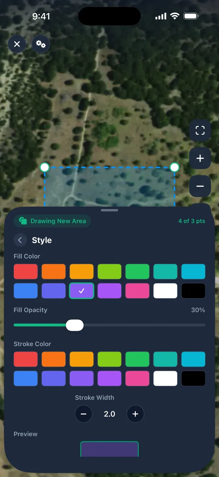 The Style page with violet chosen as the fill colour, a Fill Opacity slider and Stroke Width buttons.