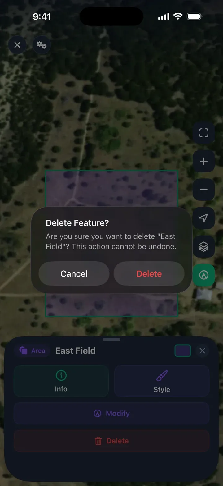 The Delete Feature? confirmation asking whether to delete East Field.