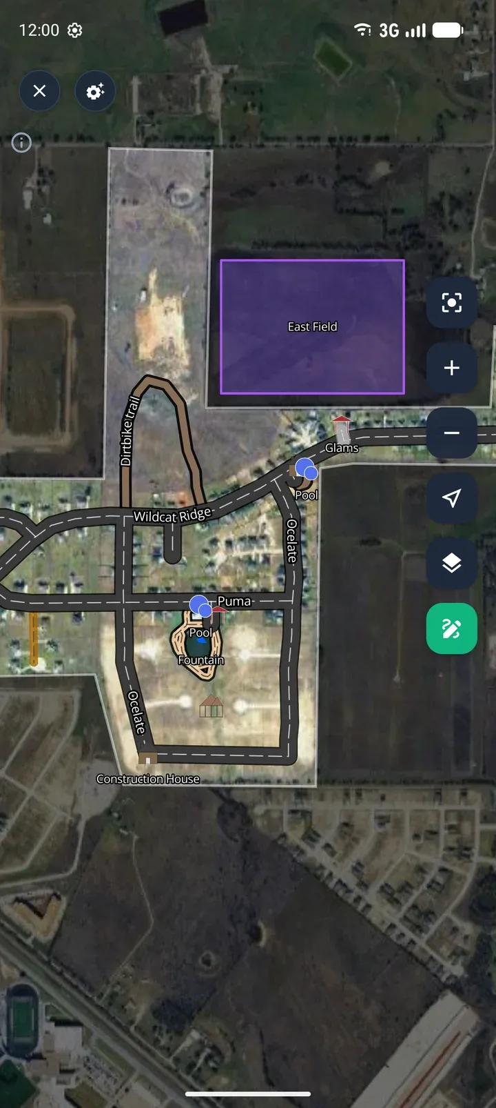A violet area named East Field drawn over a field on the map.