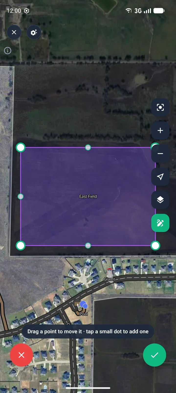 The area in modify mode, with handles on each corner and small dots on each edge.