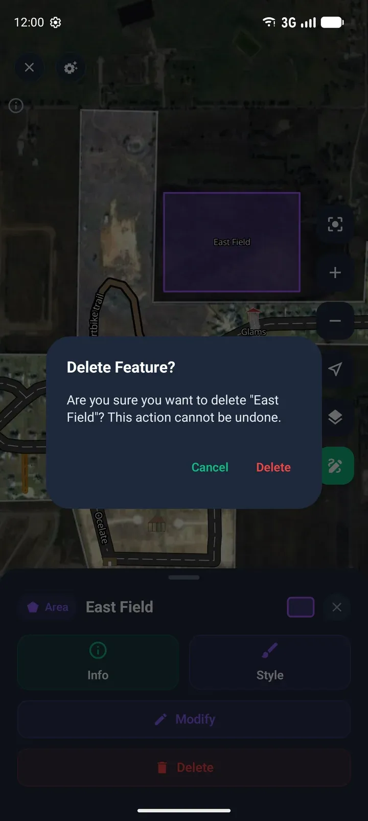 The Delete Feature? confirmation asking whether to delete East Field.